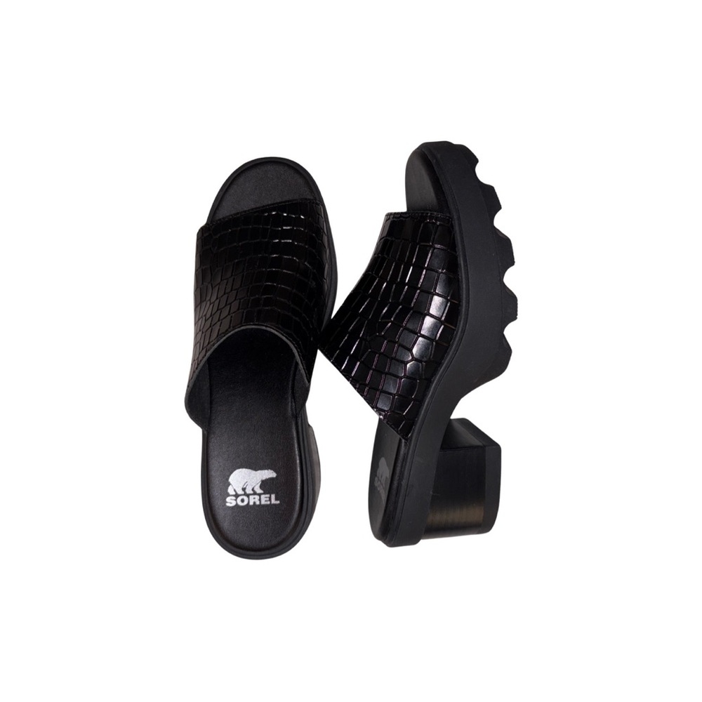 Sorel Women’s Joanie Faux Croc Block Heel Slide Sandals in Black – Size 7